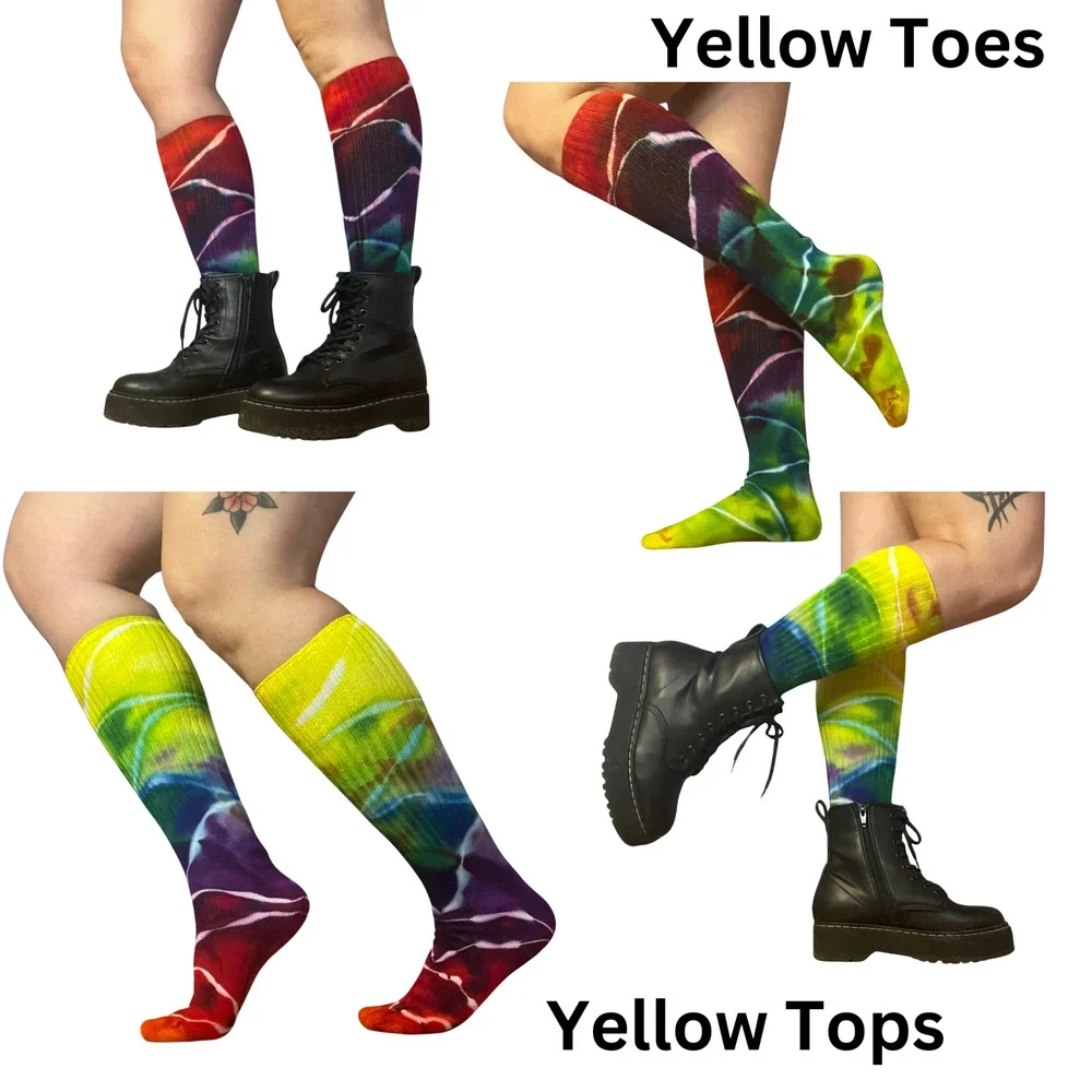 Ice Dyed Bamboo Socks - Tie Dye Stockings - Rainbow Red Yellow Green (One Size)